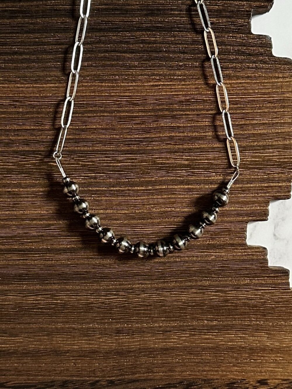 Handmade 8mm & 4mm Alternating Brushed Steel Western Pearl Bar Necklace 18 inch